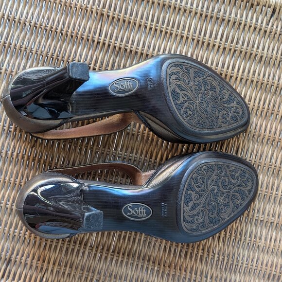 Retro-style Sofft bronze leather black patent trim T strap open toe heels Sz 9 - Picture 6 of 7